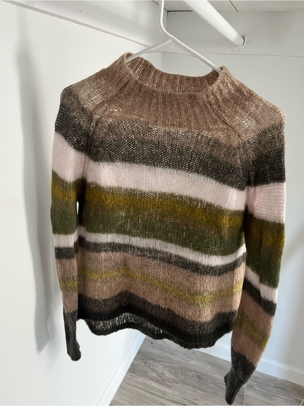 Calvin Klein Striped Fuzzy Crewneck Sweater in Brown, Pink & Green